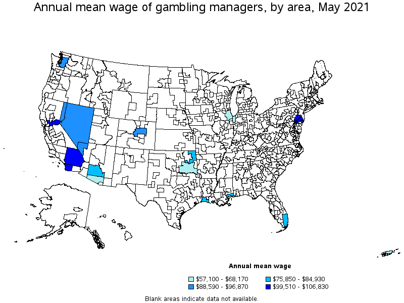 Map of annual mean wages of gambling managers by area, May 2021