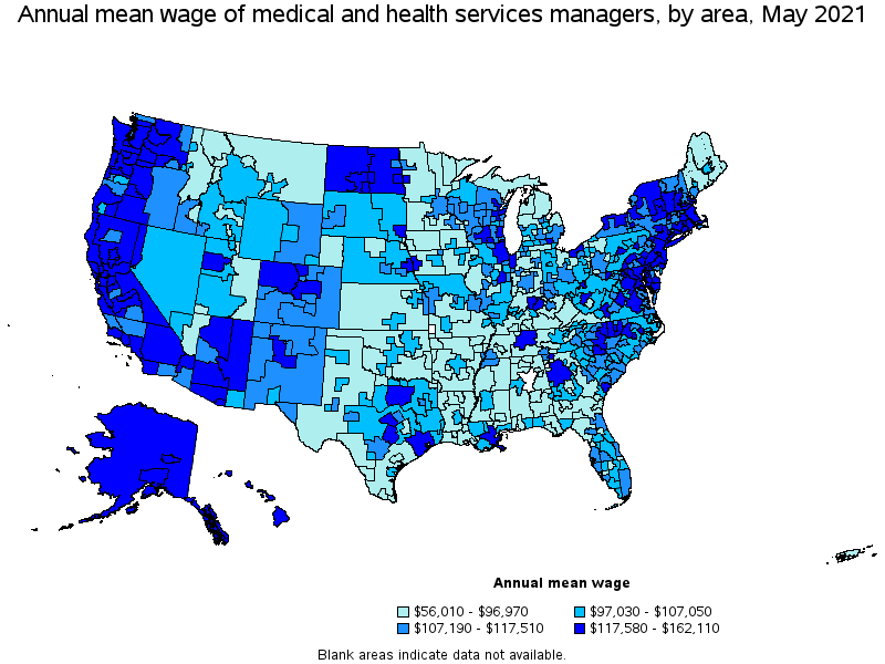 Map of annual mean wages of medical and health services managers by area, May 2021
