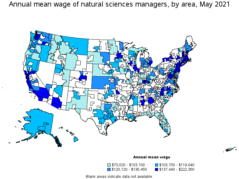 Map of annual mean wages of natural sciences managers by area, May 2021