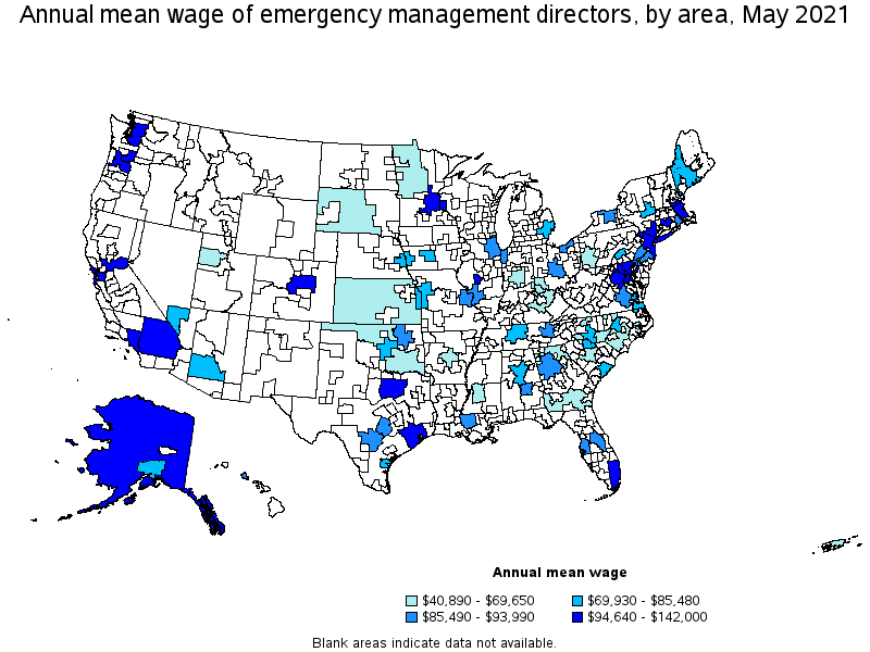 Map of annual mean wages of emergency management directors by area, May 2021