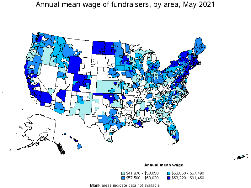 Map of annual mean wages of fundraisers by area, May 2021