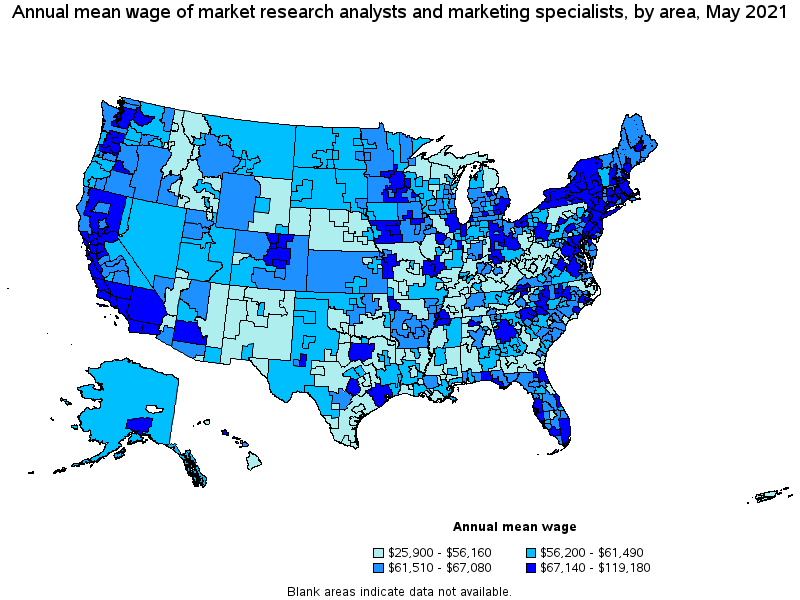 Map of annual mean wages of market research analysts and marketing specialists by area, May 2021