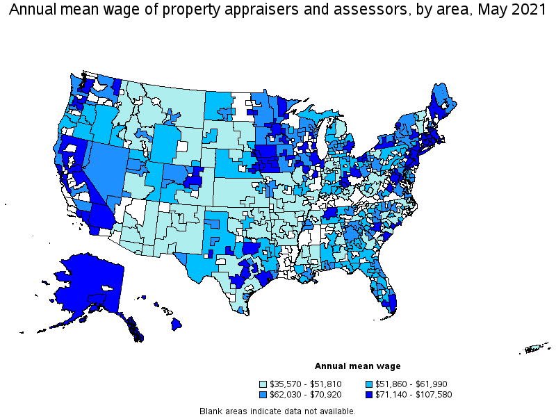 Map of annual mean wages of property appraisers and assessors by area, May 2021