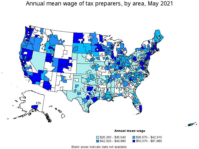 Map of annual mean wages of tax preparers by area, May 2021