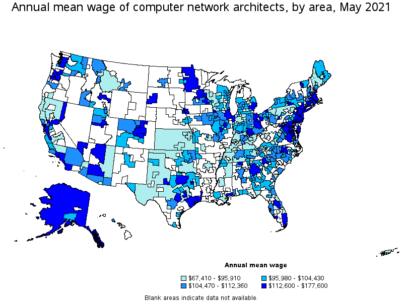 Map of annual mean wages of computer network architects by area, May 2021