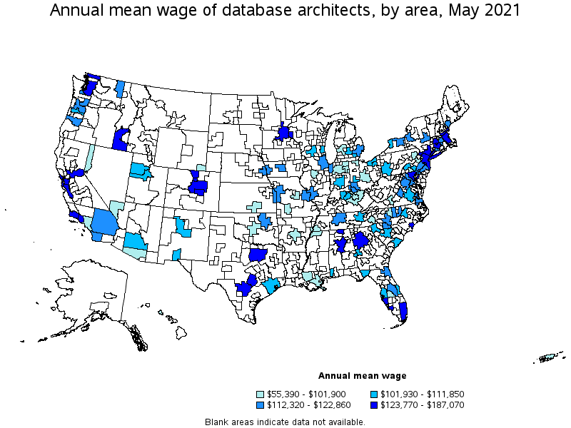 Map of annual mean wages of database architects by area, May 2021