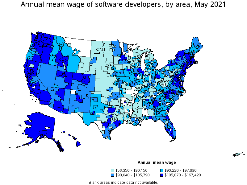 Map of annual mean wages of software developers by area, May 2021