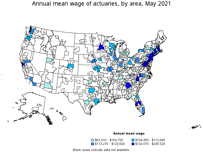 Map of annual mean wages of actuaries by area, May 2021
