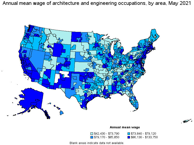 Map of annual mean wages of architecture and engineering occupations by area, May 2021