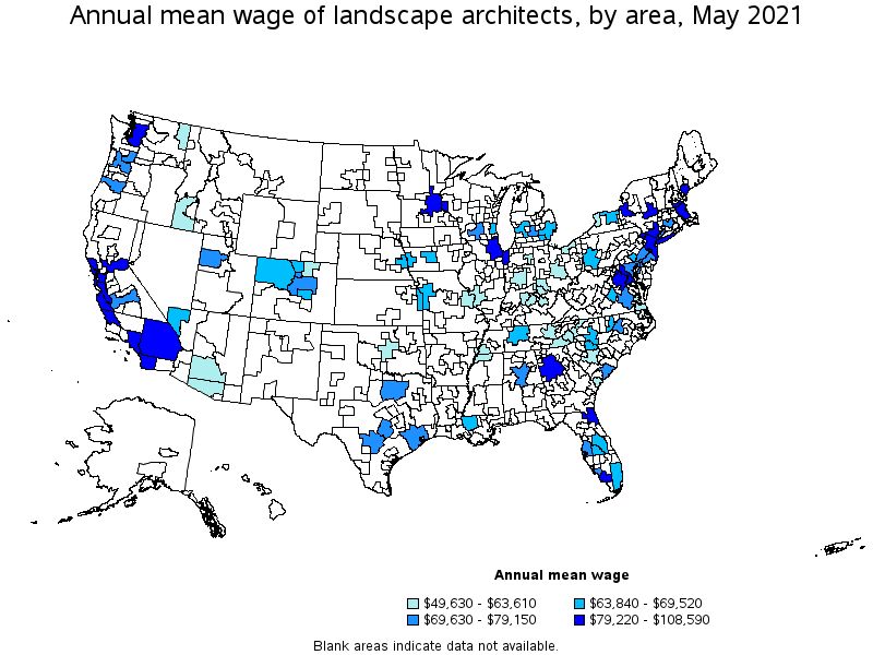 Map of annual mean wages of landscape architects by area, May 2021