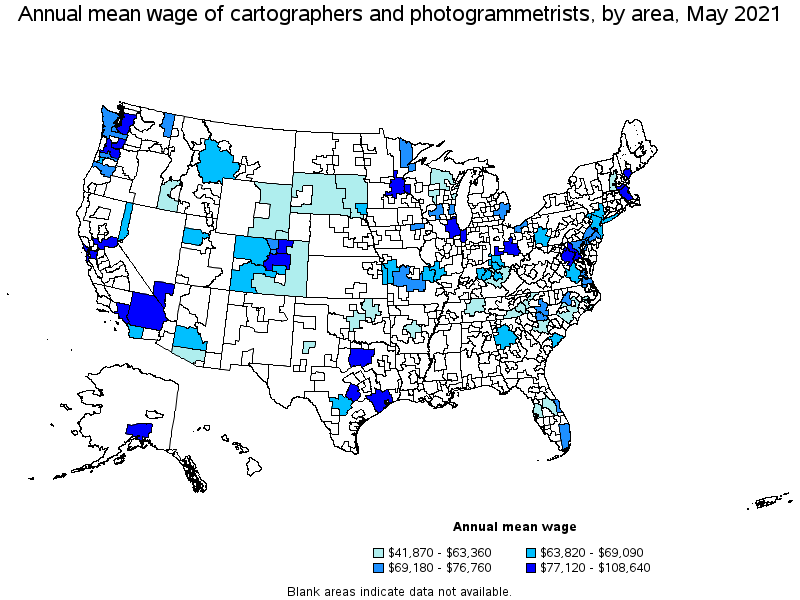 Map of annual mean wages of cartographers and photogrammetrists by area, May 2021