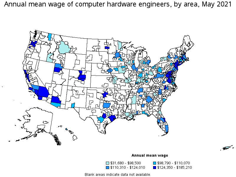 Map of annual mean wages of computer hardware engineers by area, May 2021