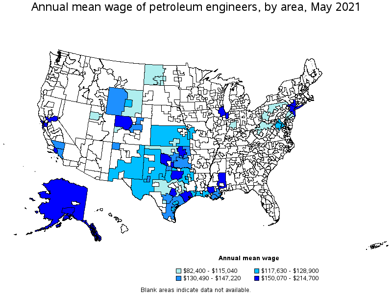 Map of annual mean wages of petroleum engineers by area, May 2021