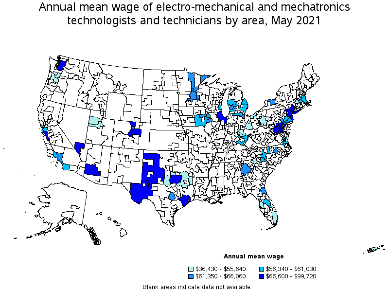 Map of annual mean wages of electro-mechanical and mechatronics technologists and technicians by area, May 2021