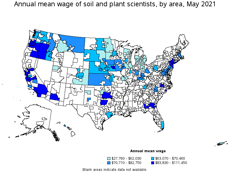 Map of annual mean wages of soil and plant scientists by area, May 2021