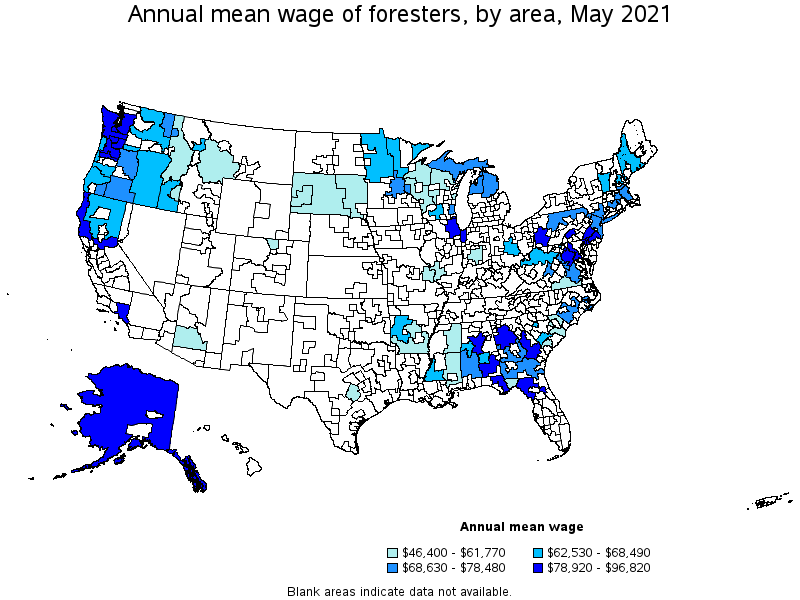 Map of annual mean wages of foresters by area, May 2021
