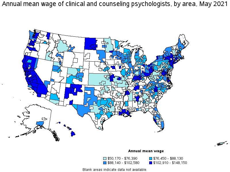 Map of annual mean wages of clinical and counseling psychologists by area, May 2021