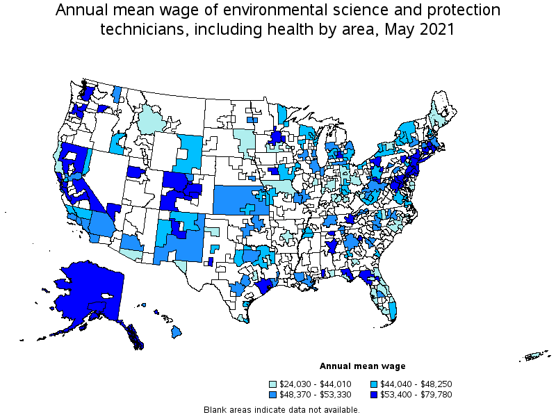 Map of annual mean wages of environmental science and protection technicians, including health by area, May 2021