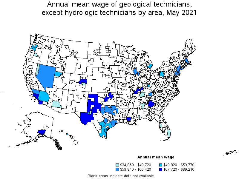 Map of annual mean wages of geological technicians, except hydrologic technicians by area, May 2021