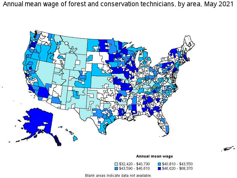 Map of annual mean wages of forest and conservation technicians by area, May 2021