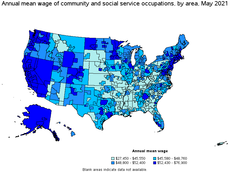 Map of annual mean wages of community and social service occupations by area, May 2021