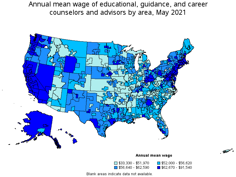 Map of annual mean wages of educational, guidance, and career counselors and advisors by area, May 2021