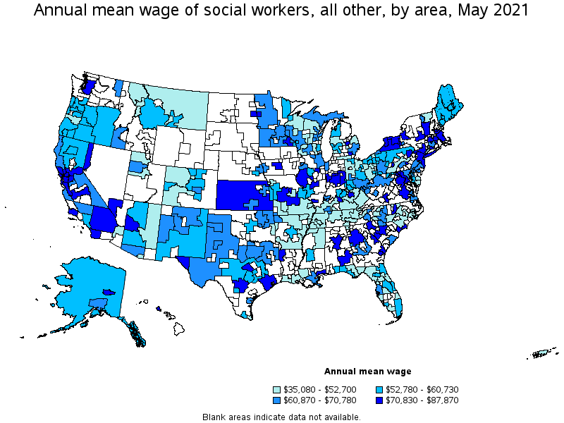 Map of annual mean wages of social workers, all other by area, May 2021