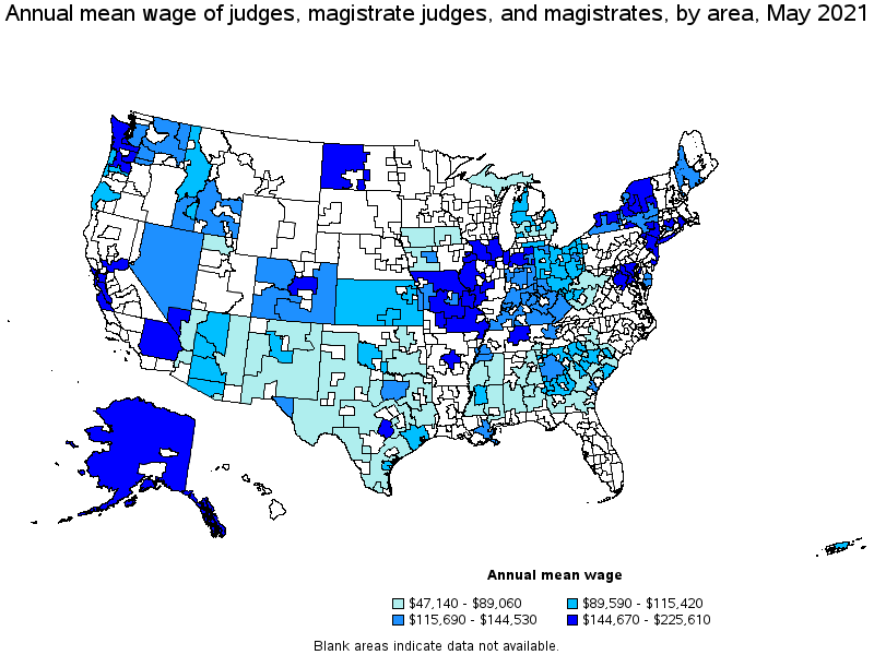 Map of annual mean wages of judges, magistrate judges, and magistrates by area, May 2021