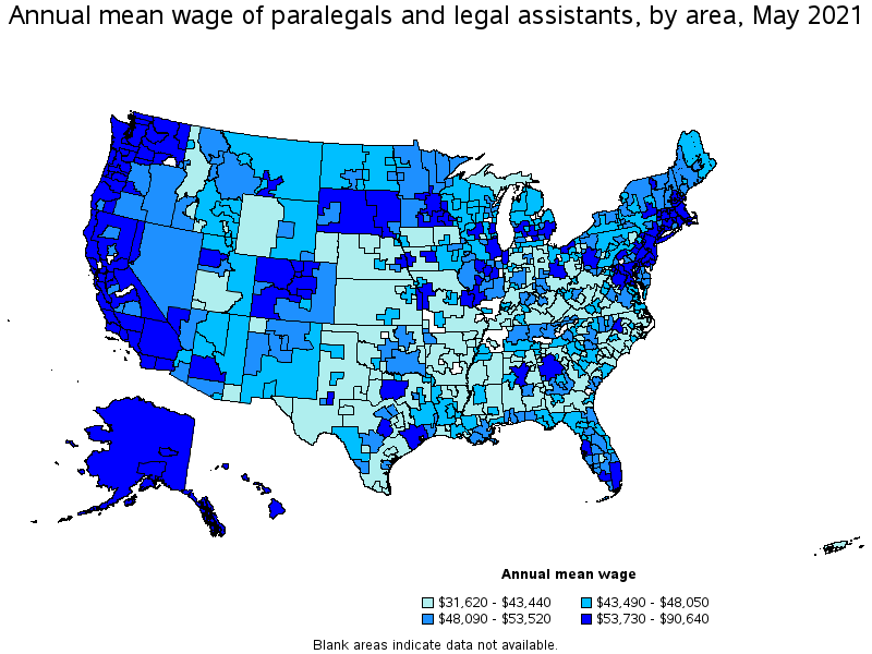 Map of annual mean wages of paralegals and legal assistants by area, May 2021