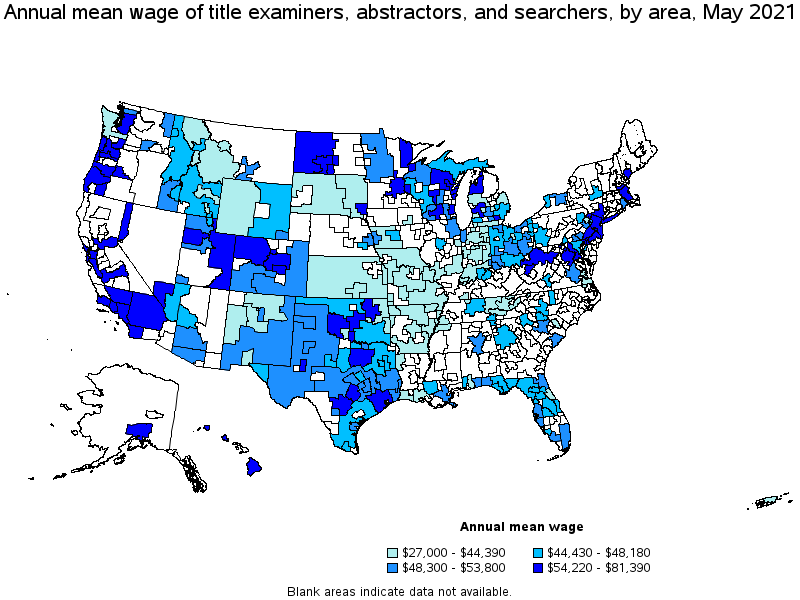 Map of annual mean wages of title examiners, abstractors, and searchers by area, May 2021