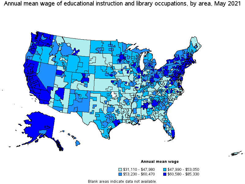 Map of annual mean wages of educational instruction and library occupations by area, May 2021