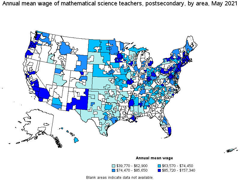 Map of annual mean wages of mathematical science teachers, postsecondary by area, May 2021