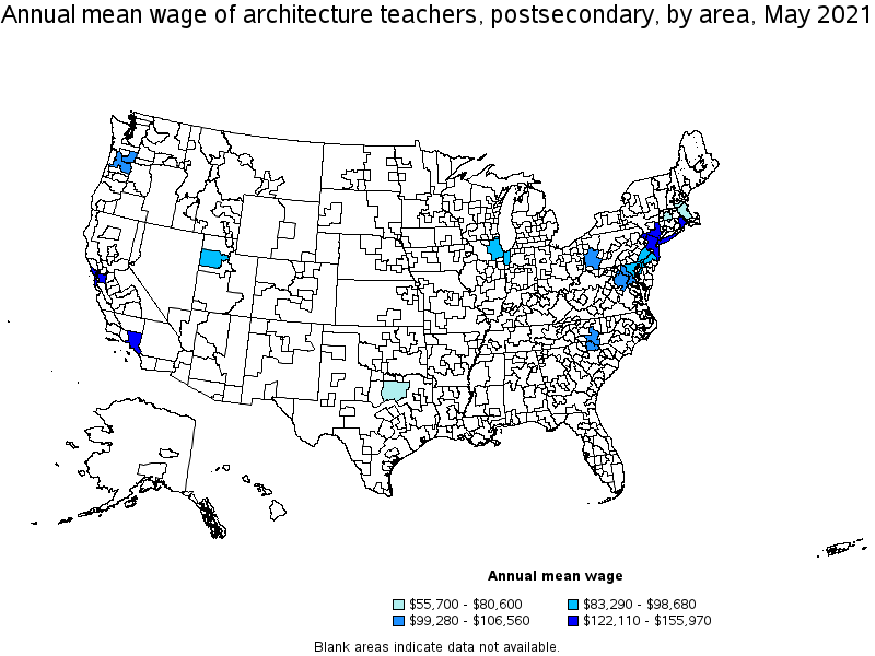 Map of annual mean wages of architecture teachers, postsecondary by area, May 2021