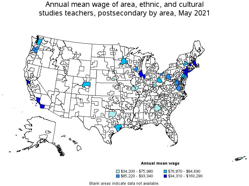 Map of annual mean wages of area, ethnic, and cultural studies teachers, postsecondary by area, May 2021