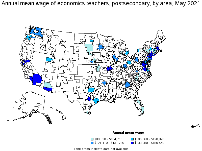 Map of annual mean wages of economics teachers, postsecondary by area, May 2021