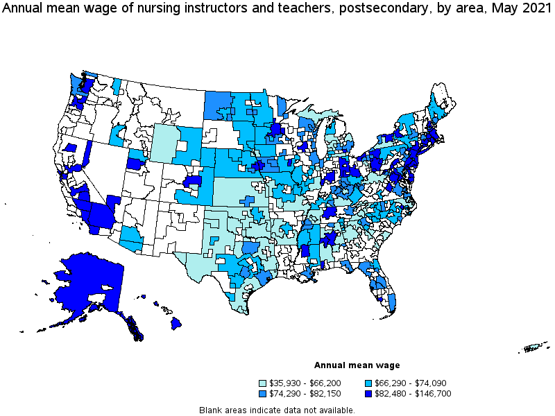 Map of annual mean wages of nursing instructors and teachers, postsecondary by area, May 2021