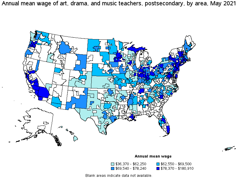 Map of annual mean wages of art, drama, and music teachers, postsecondary by area, May 2021