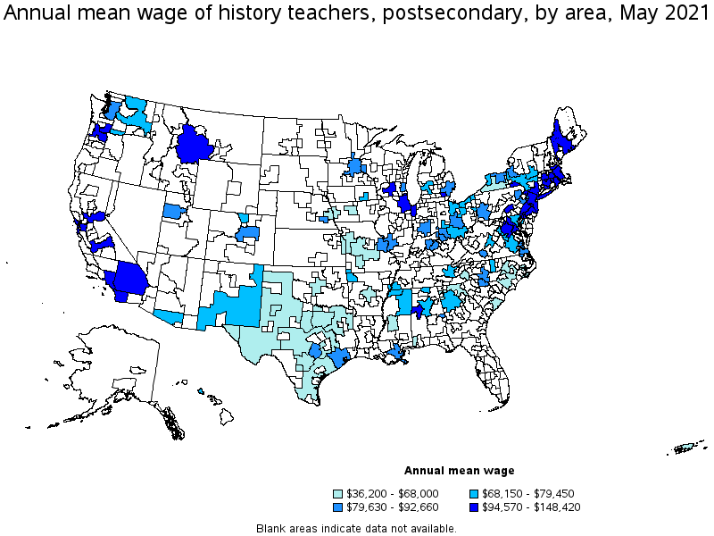 Map of annual mean wages of history teachers, postsecondary by area, May 2021