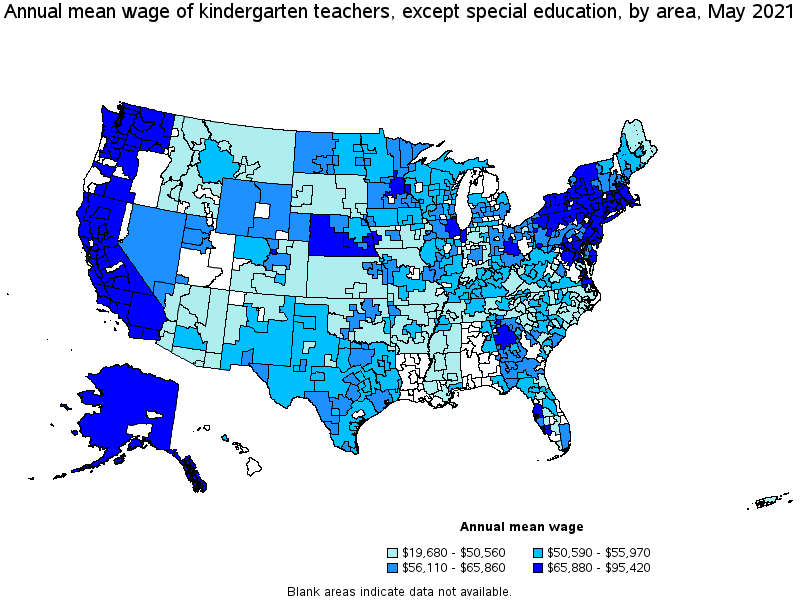 Map of annual mean wages of kindergarten teachers, except special education by area, May 2021