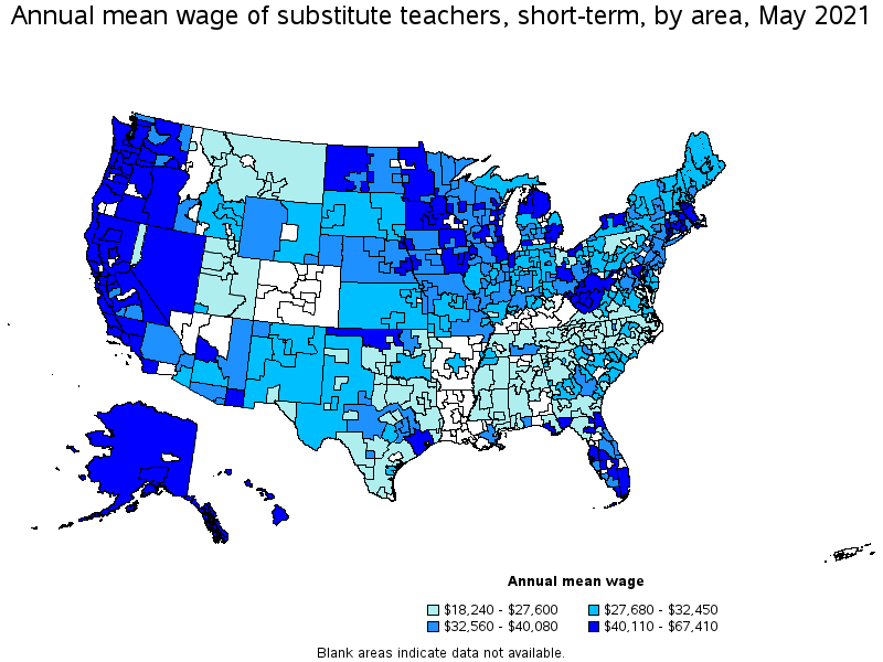 Map of annual mean wages of substitute teachers, short-term by area, May 2021