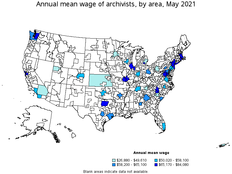 Map of annual mean wages of archivists by area, May 2021