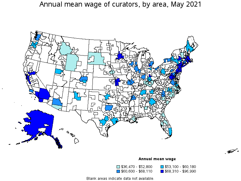 Map of annual mean wages of curators by area, May 2021