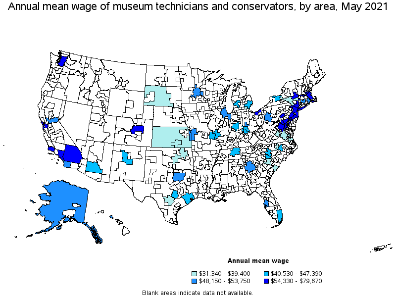 Map of annual mean wages of museum technicians and conservators by area, May 2021