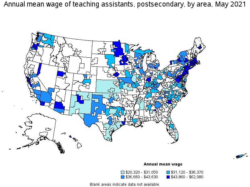 Map of annual mean wages of teaching assistants, postsecondary by area, May 2021