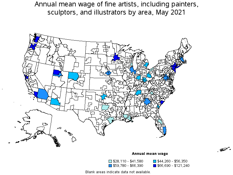 Map of annual mean wages of fine artists, including painters, sculptors, and illustrators by area, May 2021