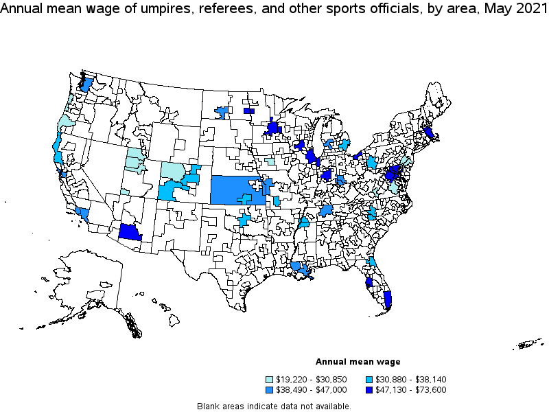 Map of annual mean wages of umpires, referees, and other sports officials by area, May 2021