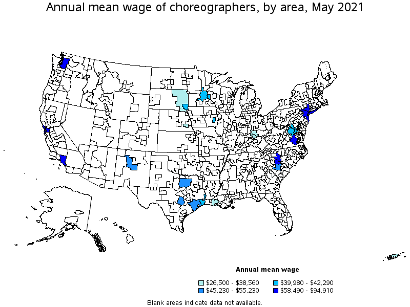 Map of annual mean wages of choreographers by area, May 2021