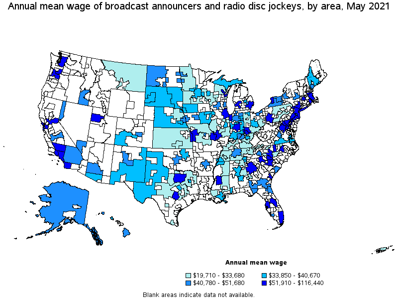 Map of annual mean wages of broadcast announcers and radio disc jockeys by area, May 2021