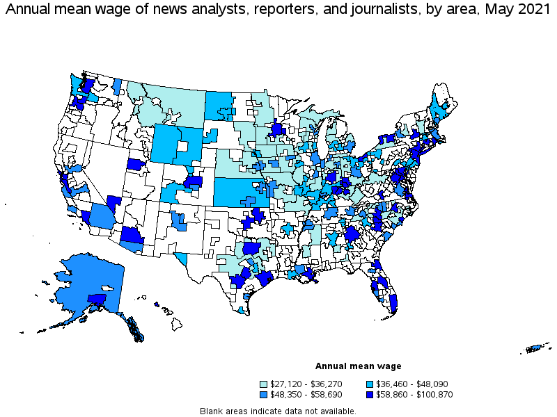 Map of annual mean wages of news analysts, reporters, and journalists by area, May 2021