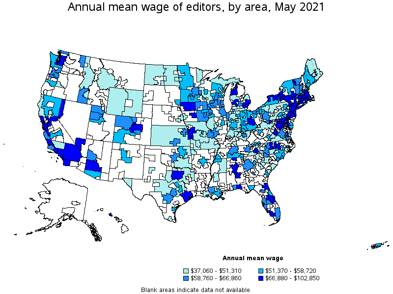 Map of annual mean wages of editors by area, May 2021